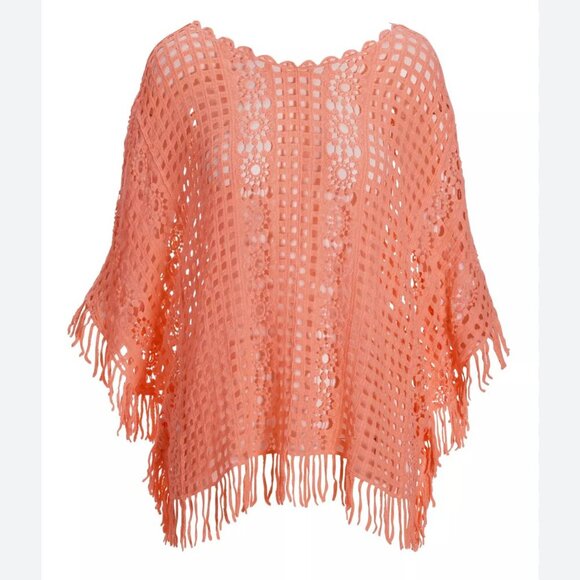 Boston Proper Effortless Crochet Pullover boho poncho in peach bud pink size S/M - Picture 2 of 5